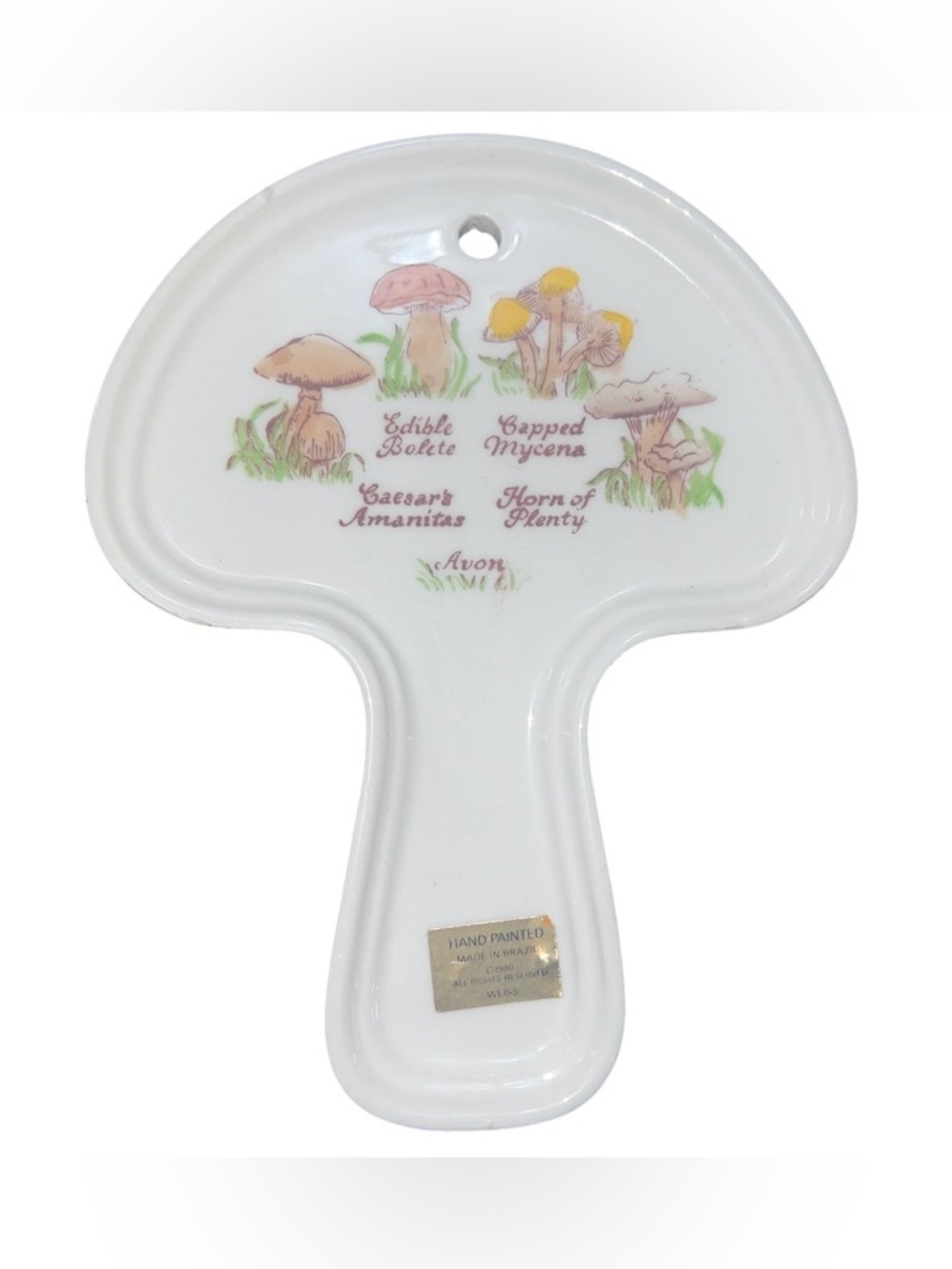 Avon White Ceramic Mushroom Spoon Rest with Pastel Accents